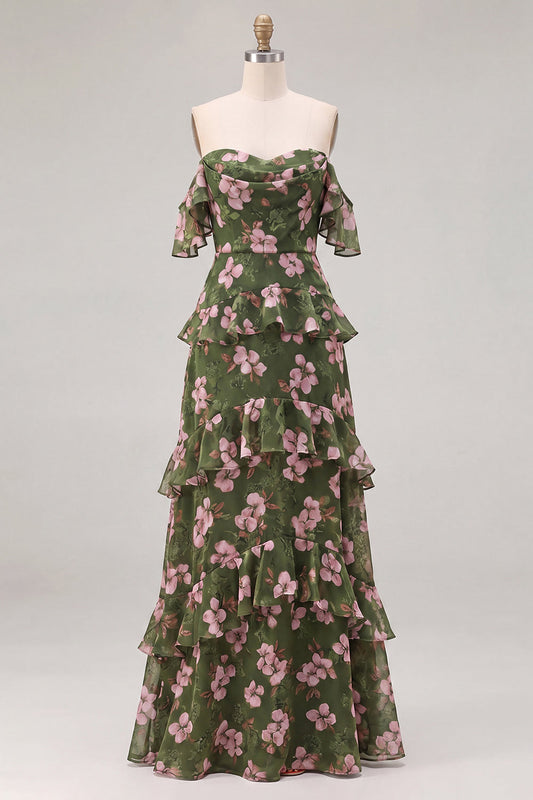 Off the Shoulder Green Floral A-Line Tiered Chiffon Ruffled Long Bridesmaid Dress