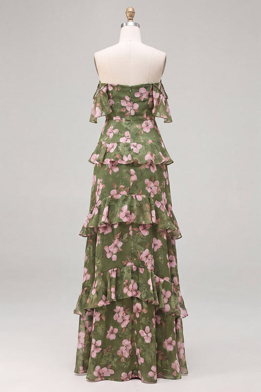 Off the Shoulder Green Floral A-Line Tiered Chiffon Ruffled Long Bridesmaid Dress