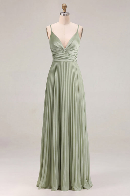 Sage A-Line Pleated Spaghetti Straps Ruched Bridesmaid Dress
