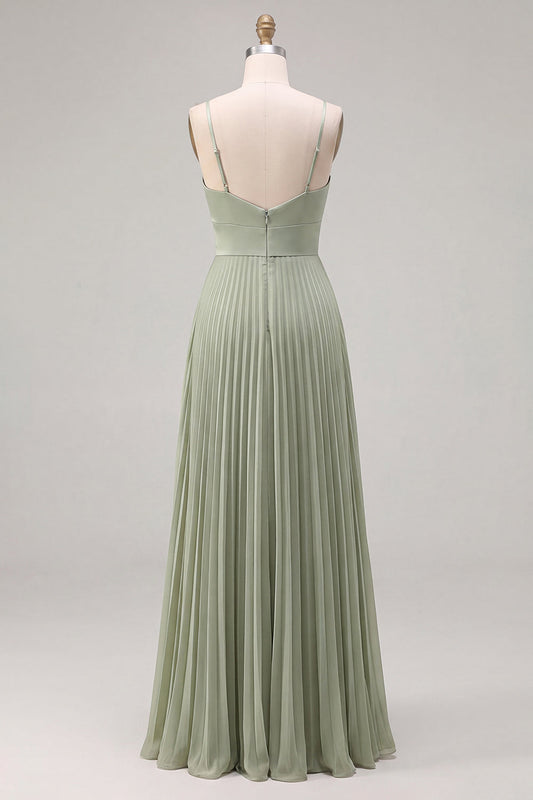 Sage A-Line Pleated Spaghetti Straps Ruched Bridesmaid Dress