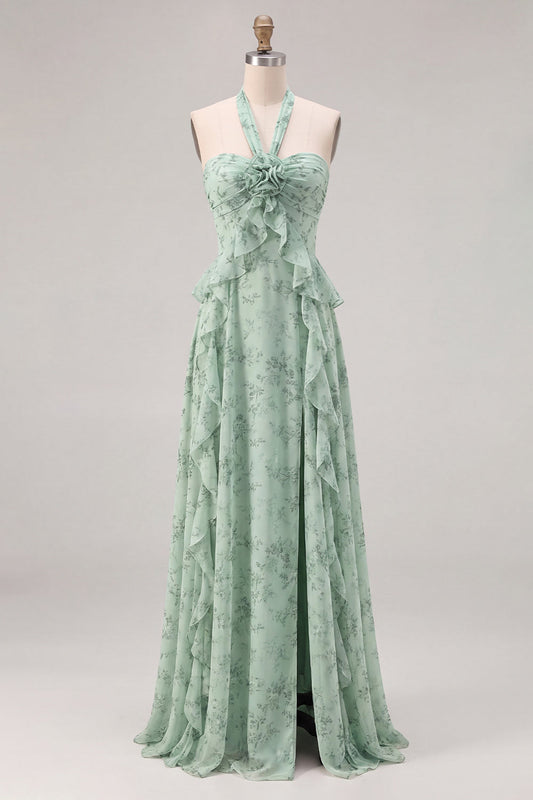 Sage Floral A-Line Chiffon Halter Neck Ruffled Long Bridesmaid Dress with Slit