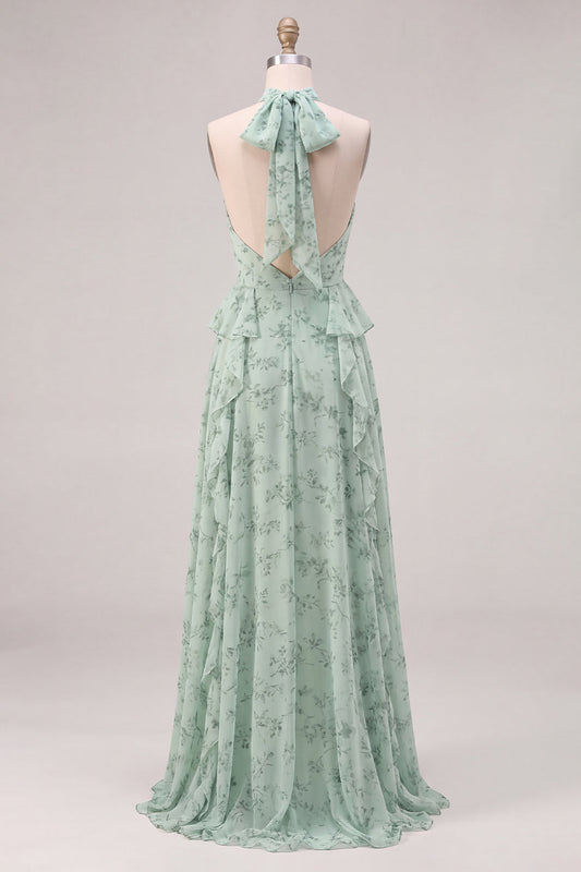 Sage Floral A-Line Chiffon Halter Neck Ruffled Long Bridesmaid Dress with Slit