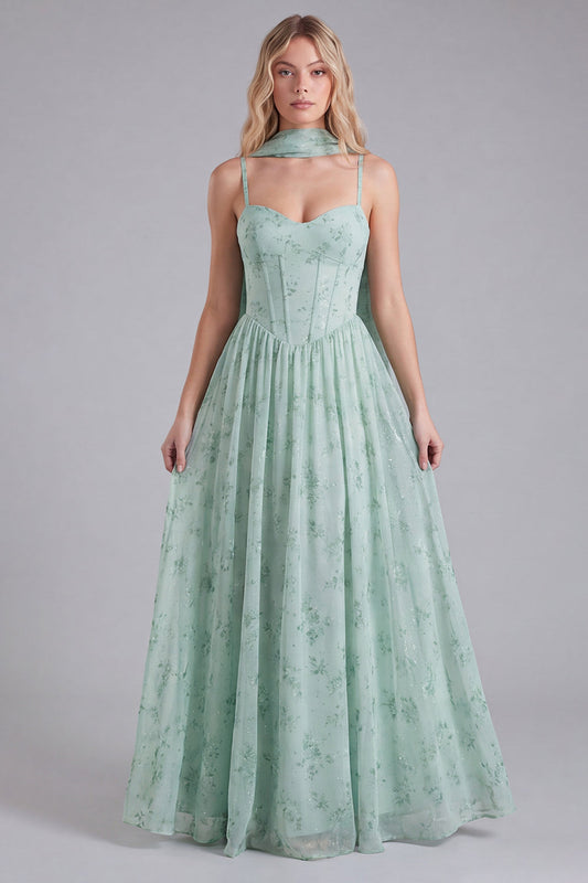 Sage Chiffon A-Line Corset Floral Print Bridesmaid Dress with Long Neck Scarf