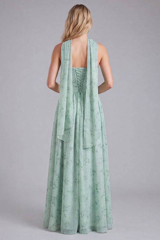 Sage Chiffon A-Line Corset Floral Print Bridesmaid Dress with Long Neck Scarf