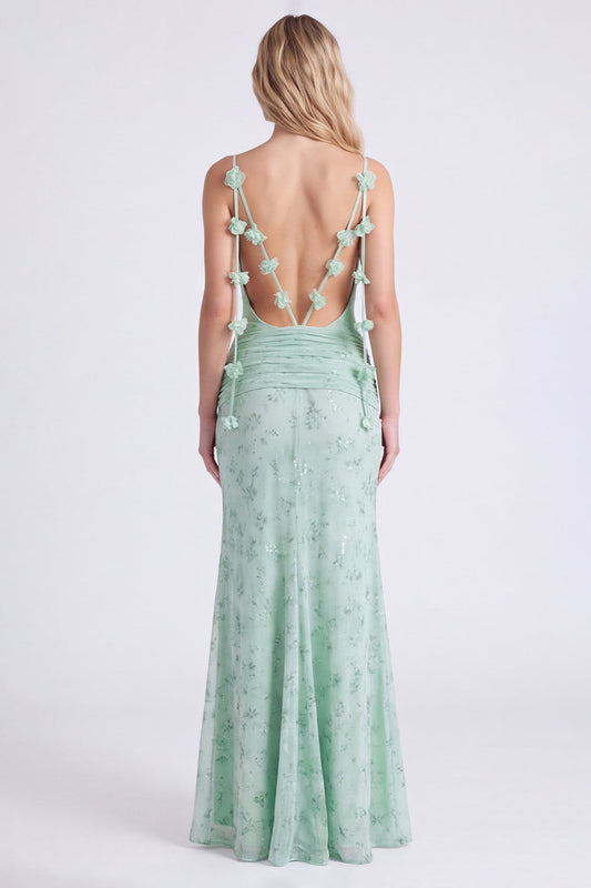 Sage Mermaid Floral Chiffon Spaghetti Straps Long Bridesmaid Dress