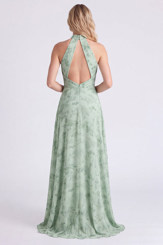 Sage A-Line Halter Neck Floral Chiffon Long Bridesmaid Dress with Slit