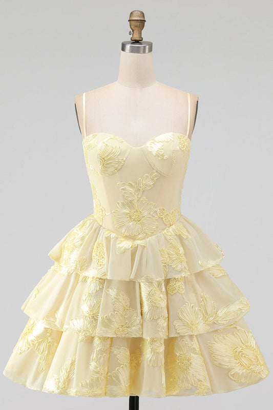 Robe courte de bal de fin d'année évasée à volants étagés motif broderie florale Daffodil