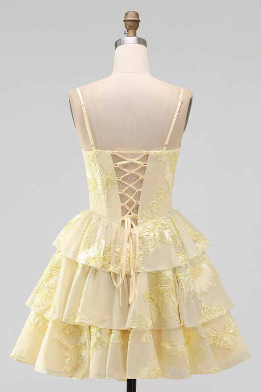 Robe courte de bal de fin d'année évasée à volants étagés motif broderie florale Daffodil