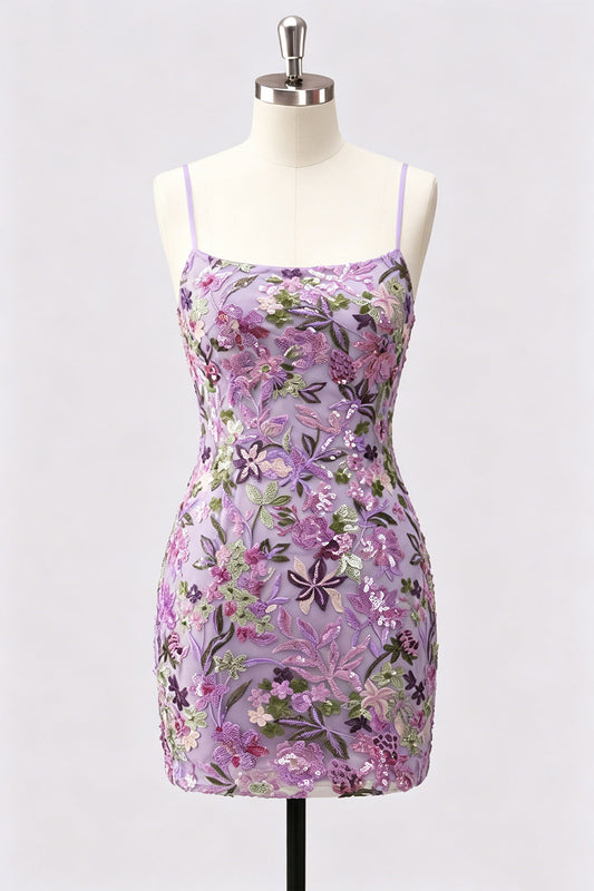 Lilac Bodycon Floral Embroidery Sequins Short Homecoming Dress with Lace-Up Back