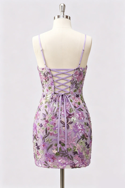 Lilac Bodycon Floral Embroidery Sequins Short Homecoming Dress with Lace-Up Back