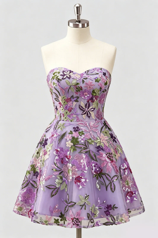 Lilac A-Line Sweetheart Floral Sequin Homecoming Dress with Lace-Up Back