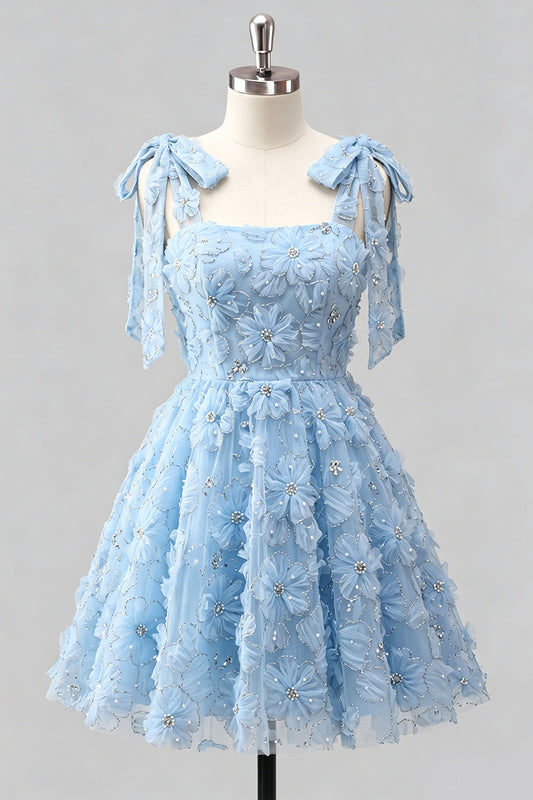 Light Blue A-Line Bowed Straps Floral Beaded Homecoming Dress with Lace-Up Back
