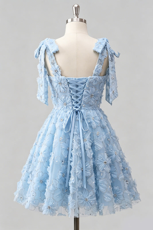 Light Blue A-Line Bowed Straps Floral Beaded Homecoming Dress with Lace-Up Back