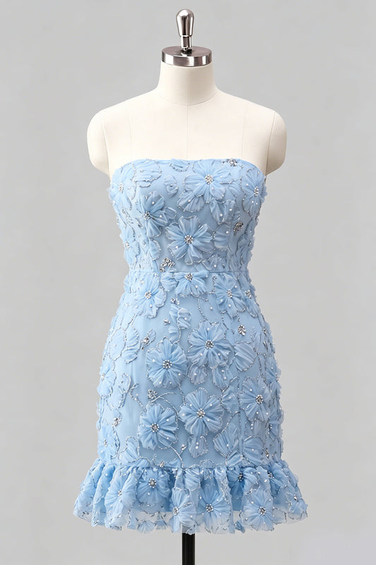 Light Blue Bodycon Strapless Ruffled Floral Beaded Homecoming Dress with Lace-Up Back