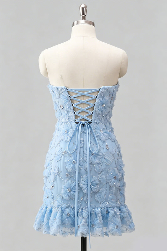 Light Blue Bodycon Strapless Ruffled Floral Beaded Homecoming Dress with Lace-Up Back