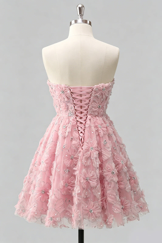 Dusty Rose Sweetheart A-Line Floral Beaded Homecoming Dress with Lace-Up Back