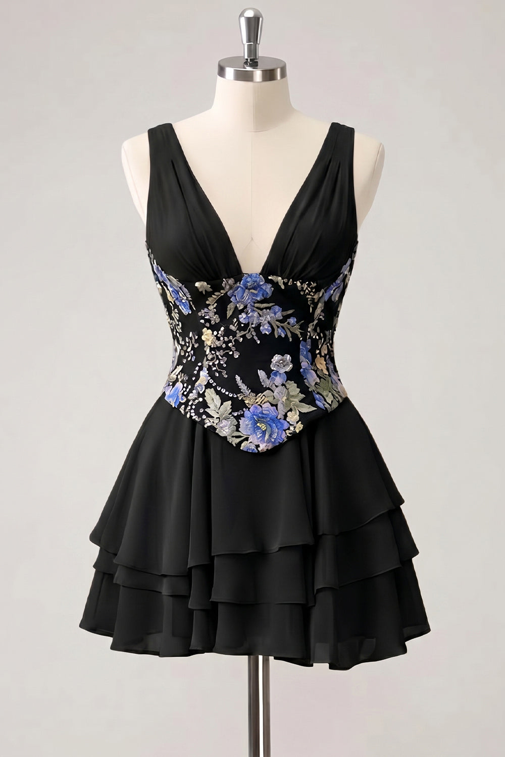 Robe de bal de fin d'études rose trapèze à motif floral et col en V, avec paillettes étagées et dos lacé