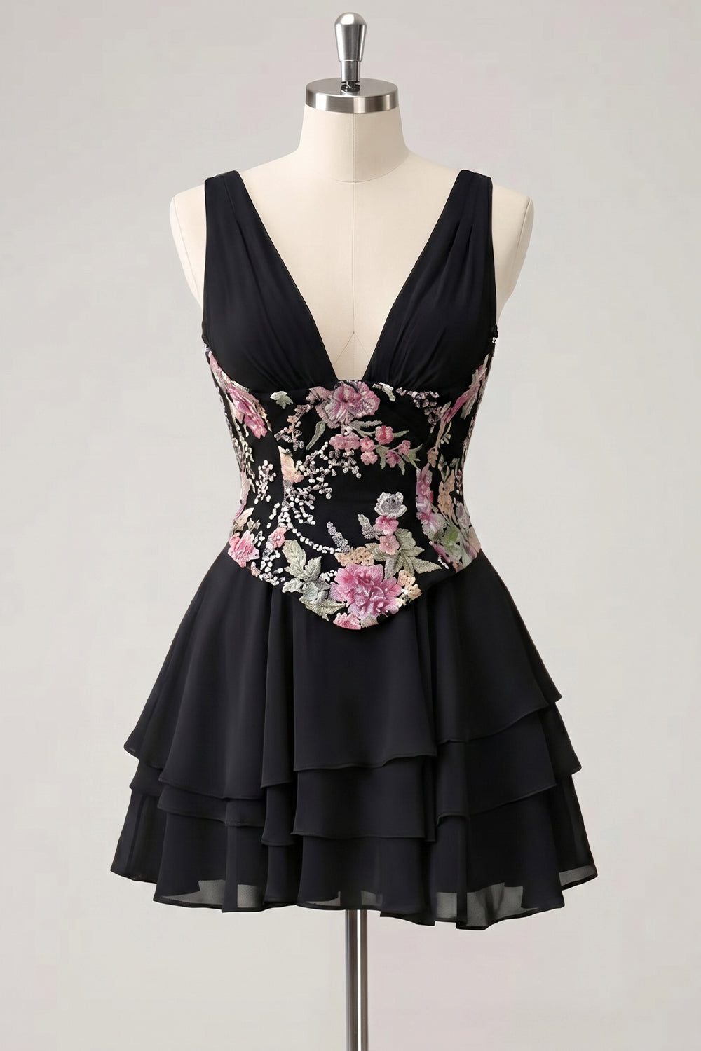 Robe de bal de fin d'études rose trapèze à motif floral et col en V, avec paillettes étagées et dos lacé