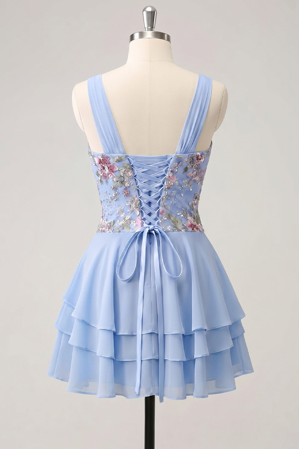 Robe de bal de fin d'études rose trapèze à motif floral et col en V, avec paillettes étagées et dos lacé