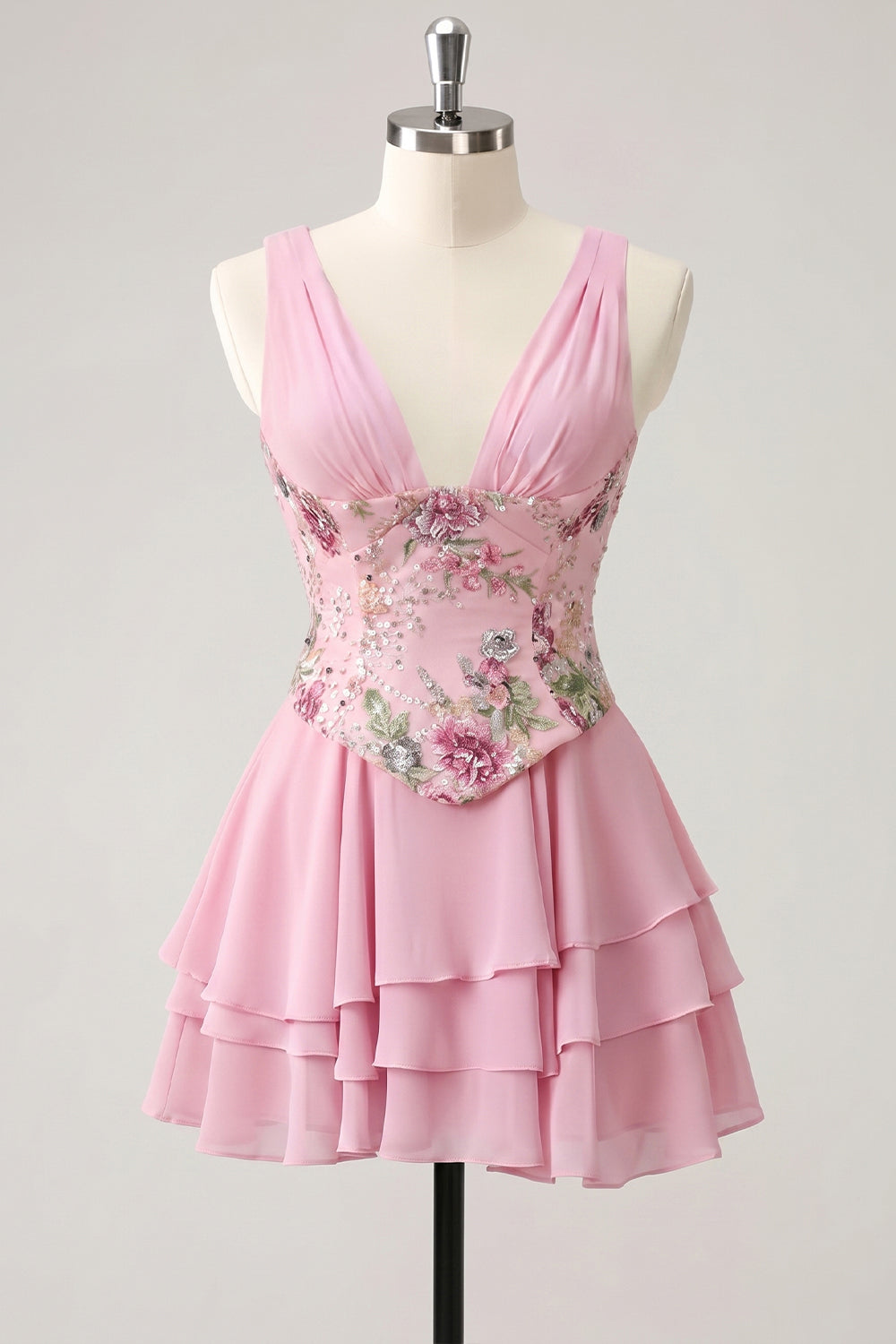 Robe de bal de fin d'études rose trapèze à motif floral et col en V, avec paillettes étagées et dos lacé