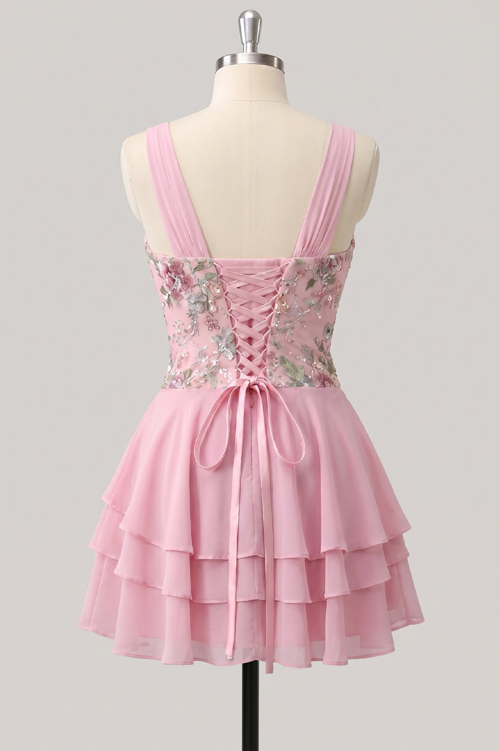 Robe de bal de fin d'études rose trapèze à motif floral et col en V, avec paillettes étagées et dos lacé