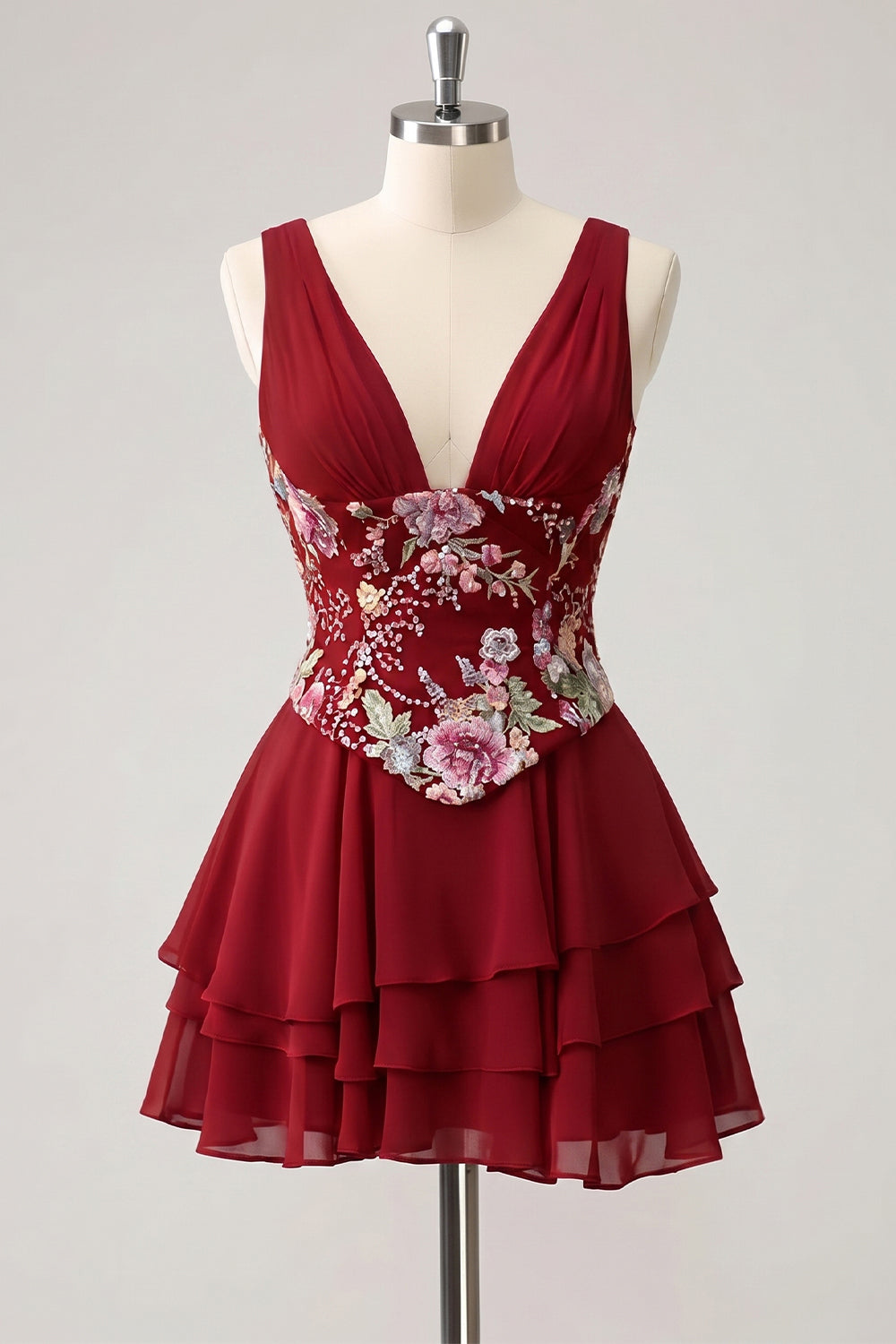 Robe de bal de fin d'études rose trapèze à motif floral et col en V, avec paillettes étagées et dos lacé