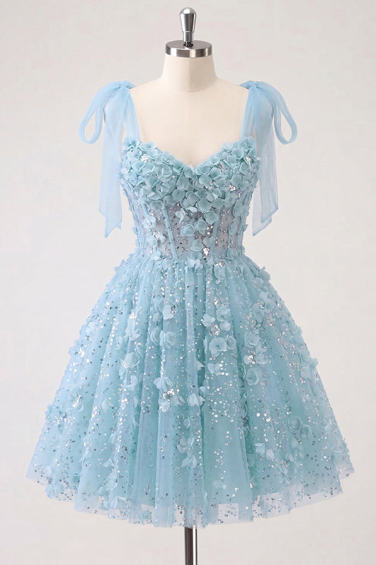 A-Line Floral Sheer Corset Sequins Cocktail Dress with Lace-Up Back
