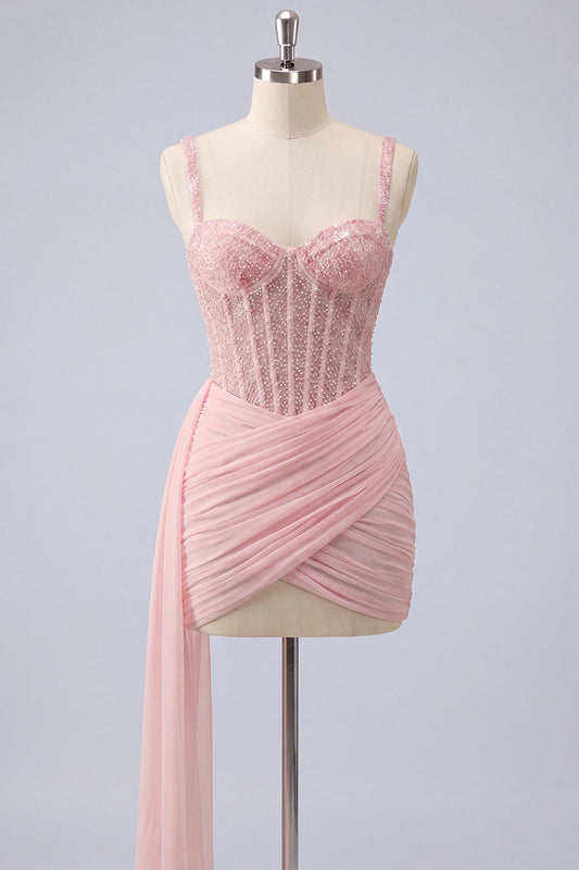 Pink Bodycon Corset Ruched Beaded Lace-Up Back Homecoming Dress with Sash