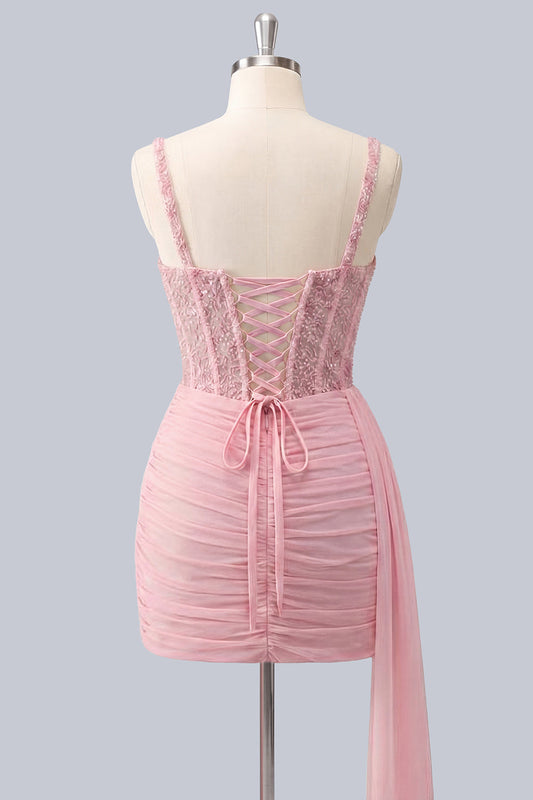 Pink Bodycon Corset Ruched Beaded Lace-Up Back Homecoming Dress with Sash