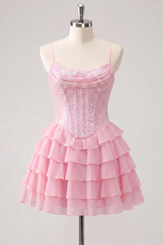 A-Line Pink Tiered Corset Sequin Homecoming Dress with Lace-Up Back