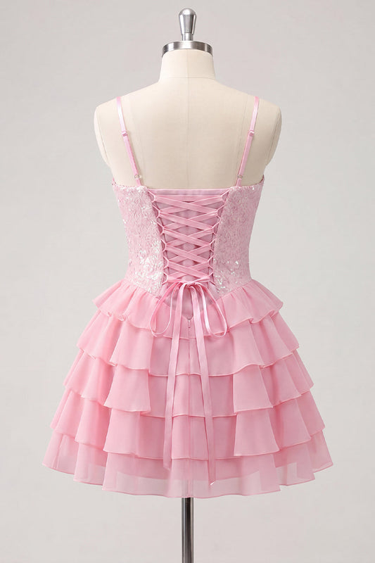 A-Line Pink Tiered Corset Sequin Homecoming Dress with Lace-Up Back