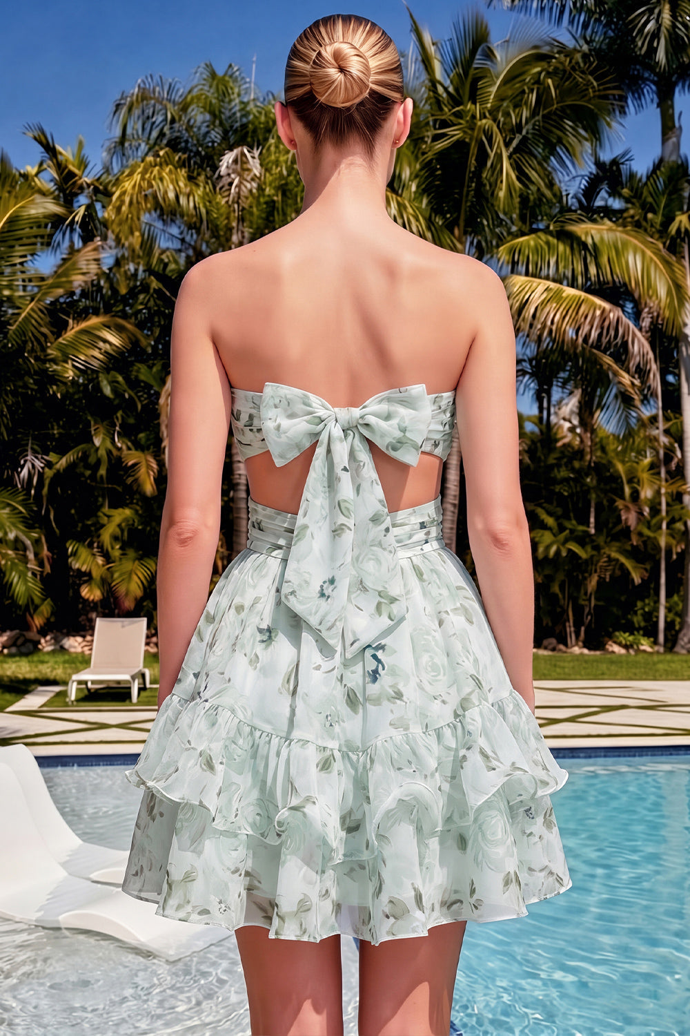 Sweetheart A-Line Pink Floral Ruched Tiered Ruffled Homecoming Dress with Bow