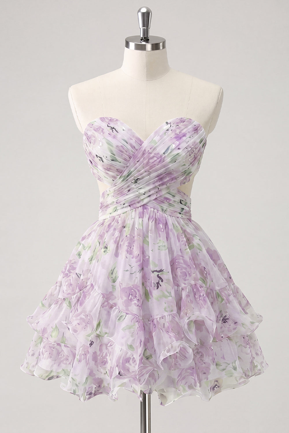 Sweetheart A-Line Pink Floral Ruched Tiered Ruffled Homecoming Dress with Bow