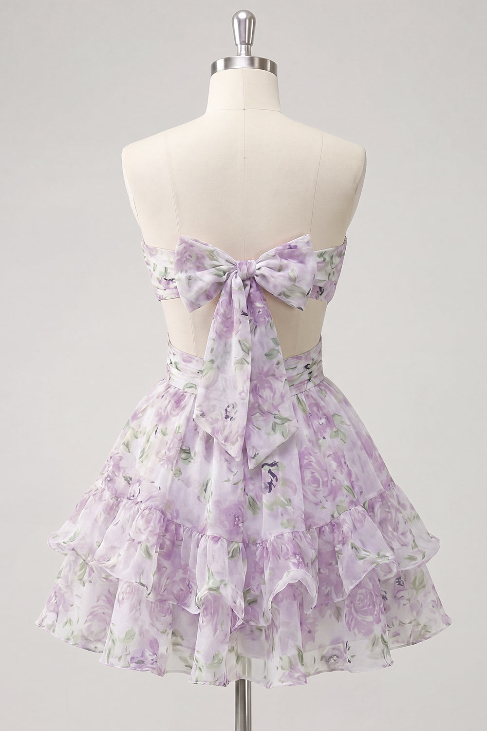 Sweetheart A-Line Pink Floral Ruched Tiered Ruffled Homecoming Dress with Bow