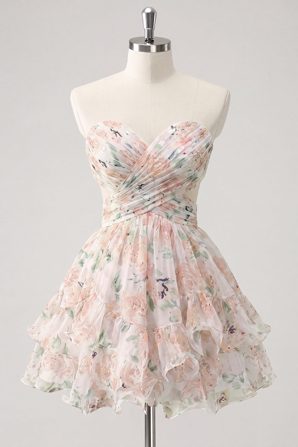 Sweetheart A-Line Pink Floral Ruched Tiered Ruffled Homecoming Dress with Bow