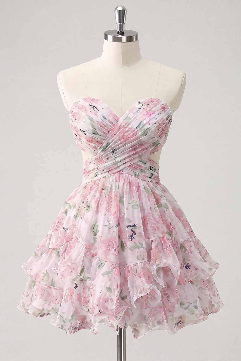 Sweetheart A-Line Pink Floral Ruched Tiered Ruffled Homecoming Dress with Bow
