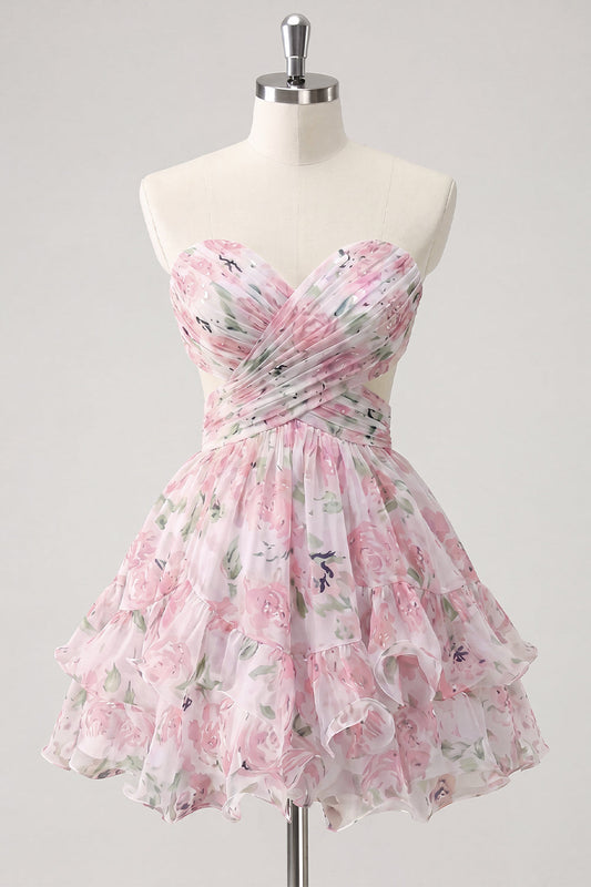 Sweetheart A-Line Pink Floral Ruched Tiered Ruffled Homecoming Dress with Bow
