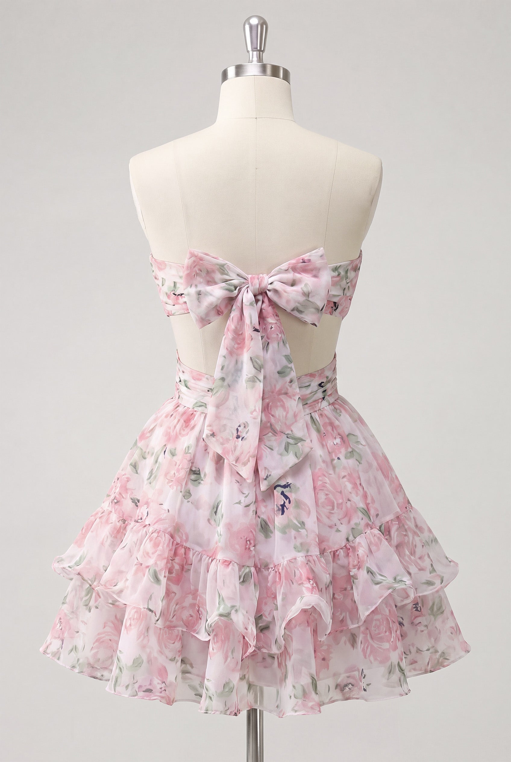 Sweetheart A-Line Pink Floral Ruched Tiered Ruffled Homecoming Dress with Bow