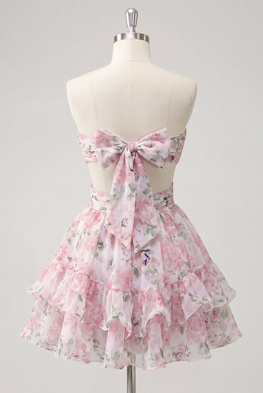 Sweetheart A-Line Pink Floral Ruched Tiered Ruffled Homecoming Dress with Bow