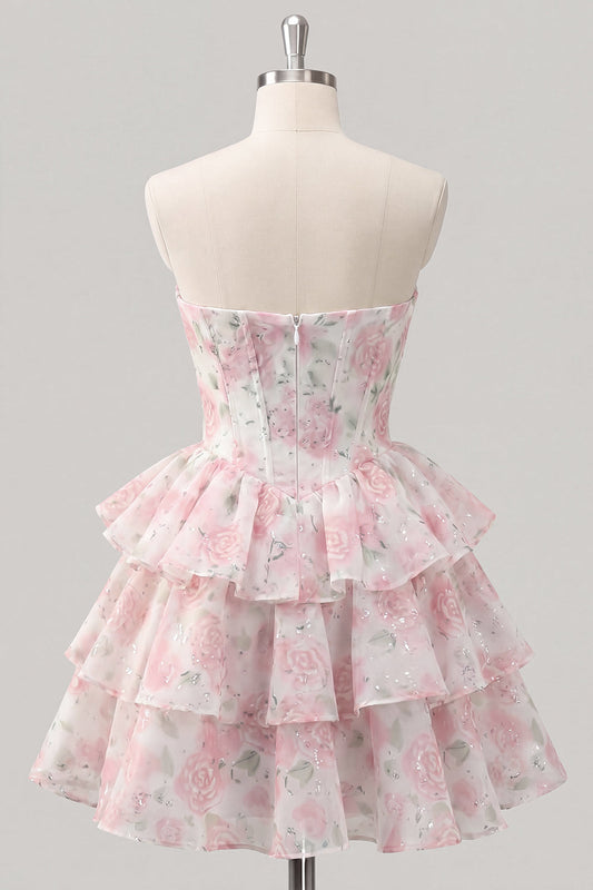 Sweetheart Tiered A-Line Pink Floral Corset Short Homecoming Dress