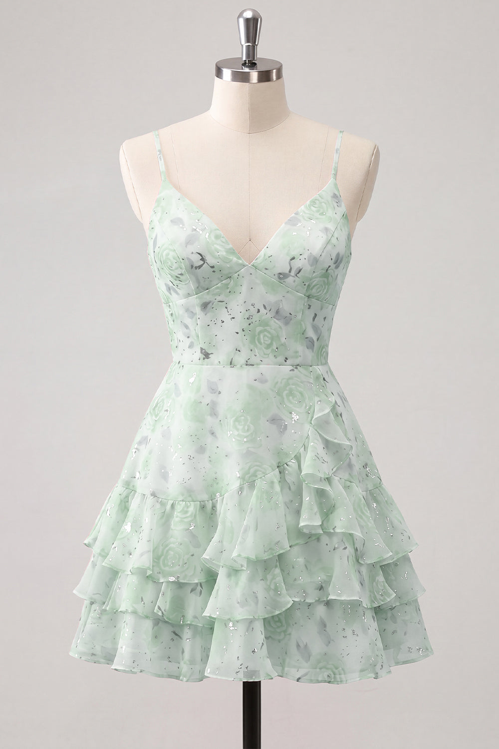 Pink Tiered A-Line Floral Spaghetti Straps Homecoming Dress with Ruffles
