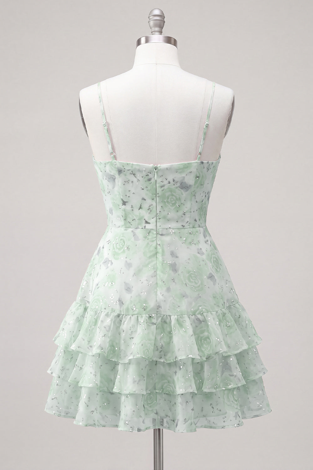 Pink Tiered A-Line Floral Spaghetti Straps Homecoming Dress with Ruffles