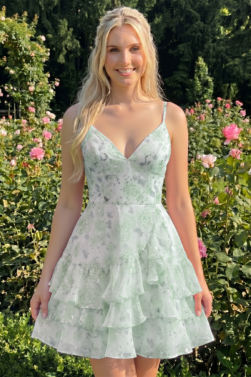 Pink Tiered A-Line Floral Spaghetti Straps Homecoming Dress with Ruffles