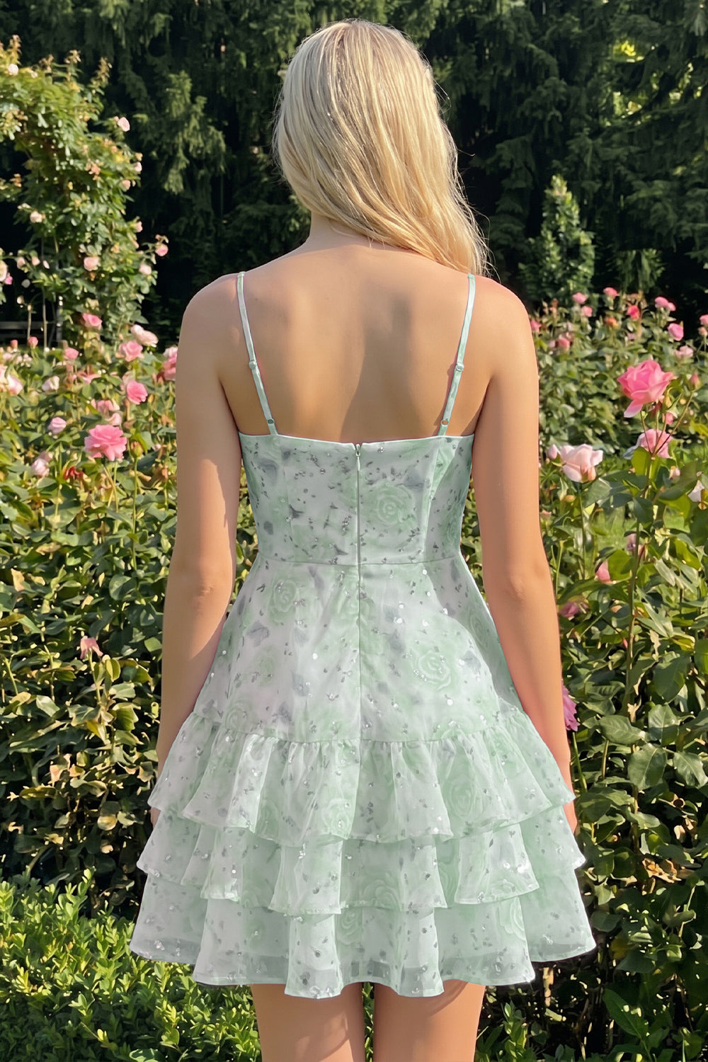 Pink Tiered A-Line Floral Spaghetti Straps Homecoming Dress with Ruffles