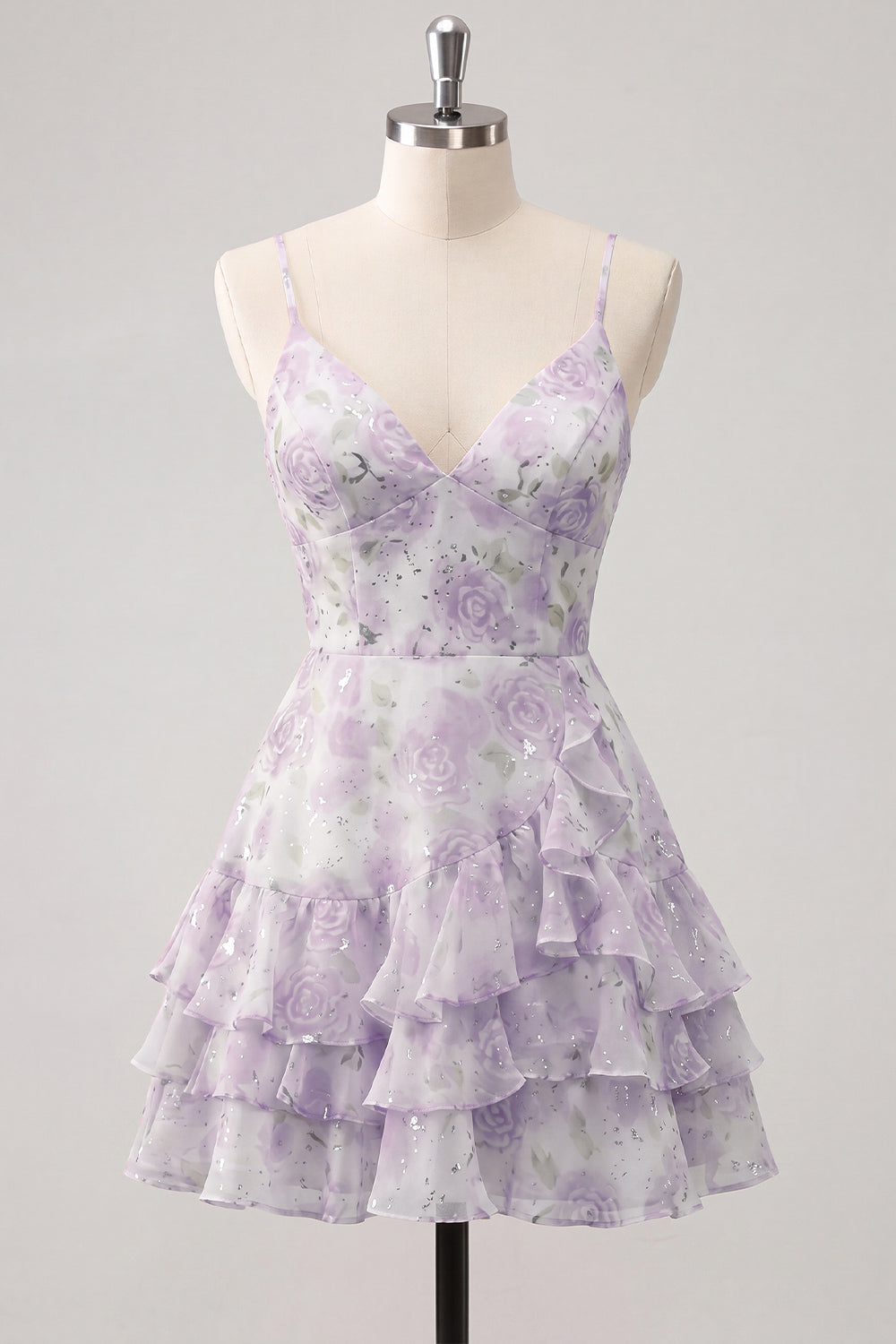Pink Tiered A-Line Floral Spaghetti Straps Homecoming Dress with Ruffles