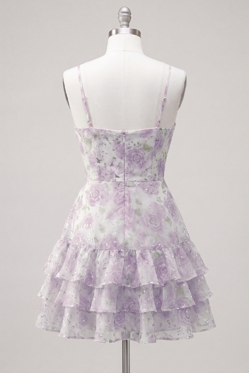 Pink Tiered A-Line Floral Spaghetti Straps Homecoming Dress with Ruffles