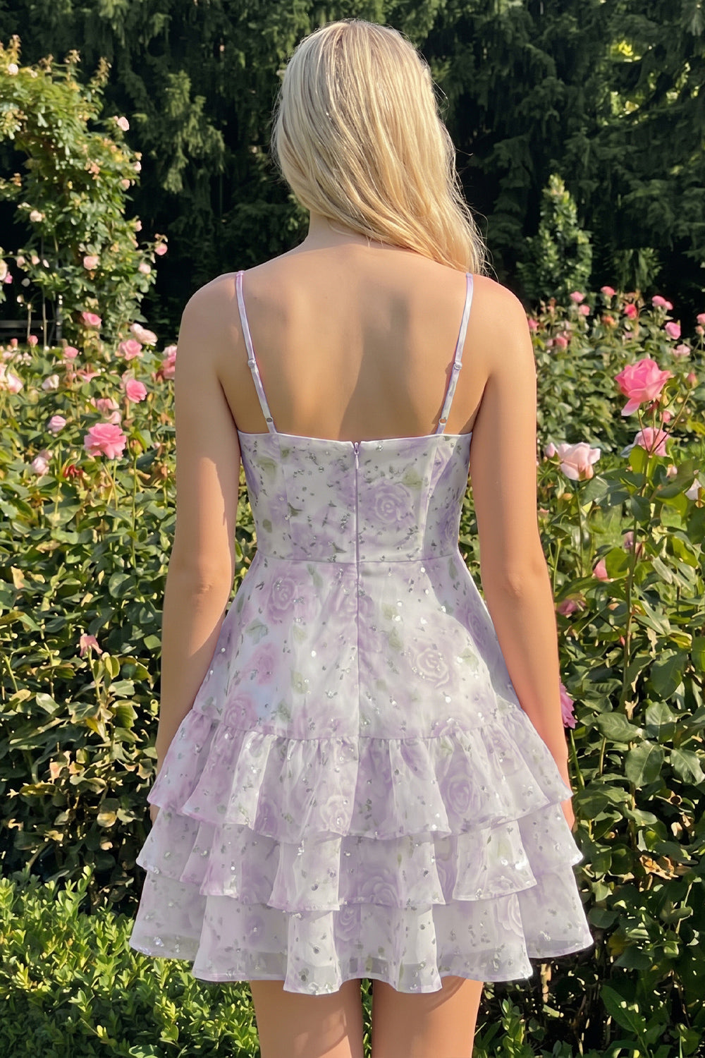 Pink Tiered A-Line Floral Spaghetti Straps Homecoming Dress with Ruffles