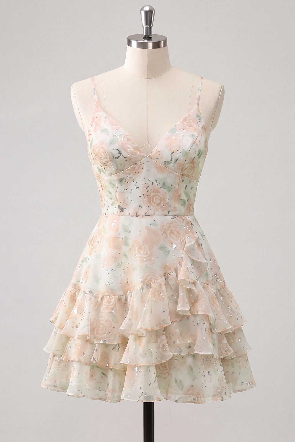 Pink Tiered A-Line Floral Spaghetti Straps Homecoming Dress with Ruffles