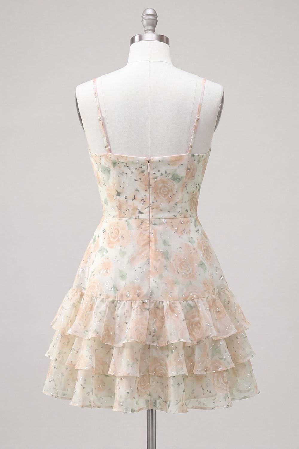 Pink Tiered A-Line Floral Spaghetti Straps Homecoming Dress with Ruffles