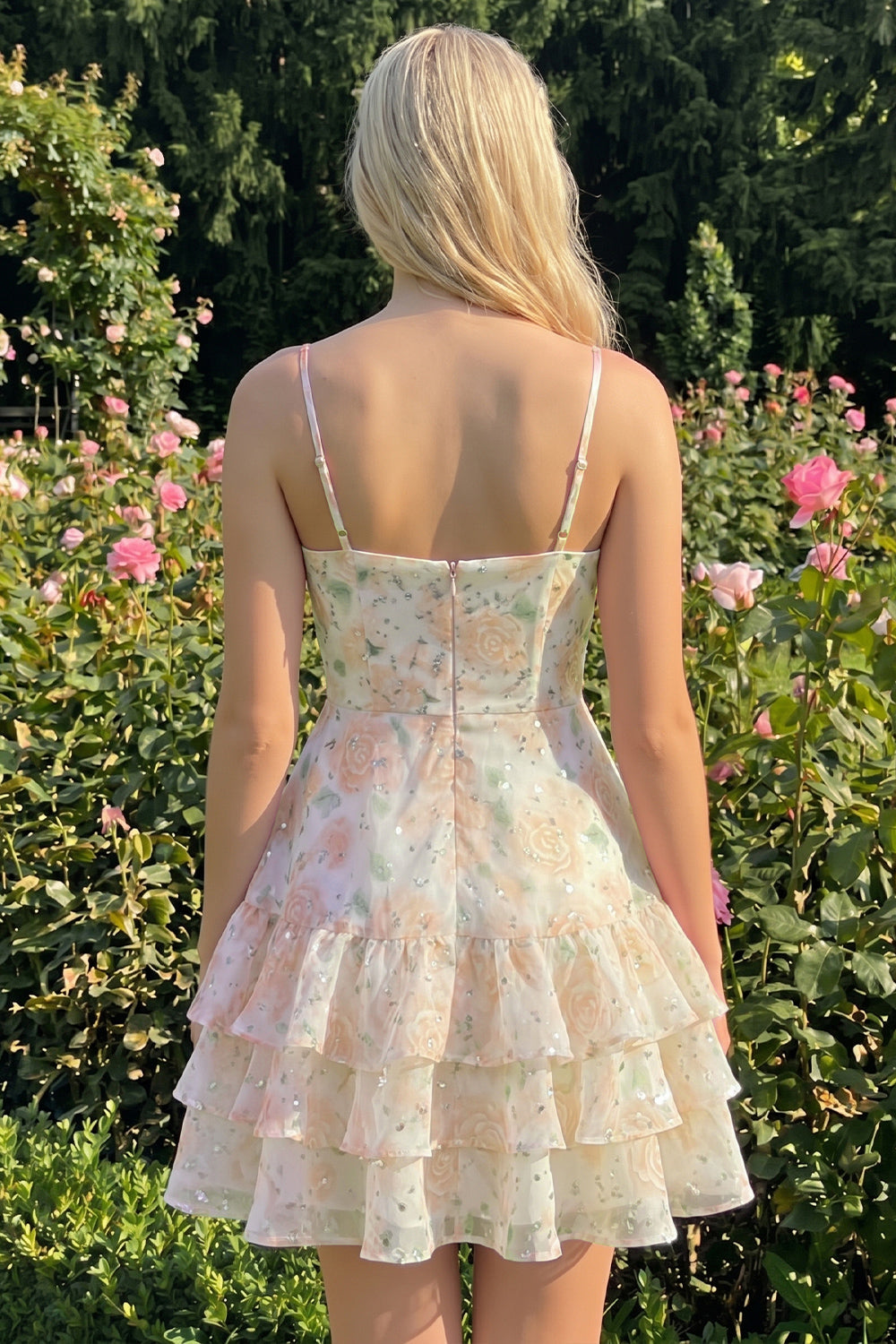 Pink Tiered A-Line Floral Spaghetti Straps Homecoming Dress with Ruffles